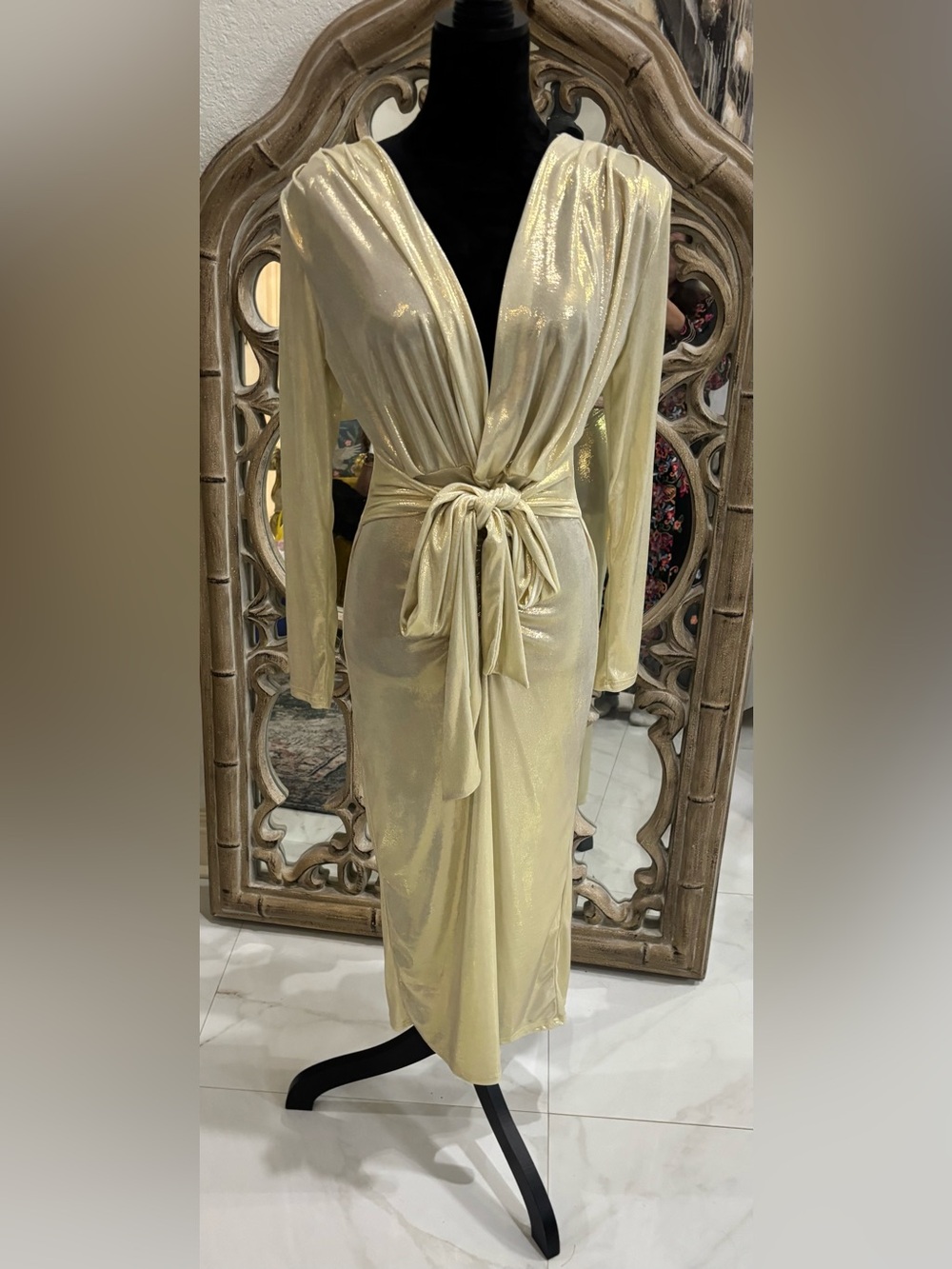 Shimmer Gold Long-Sleeve Wrap Dress